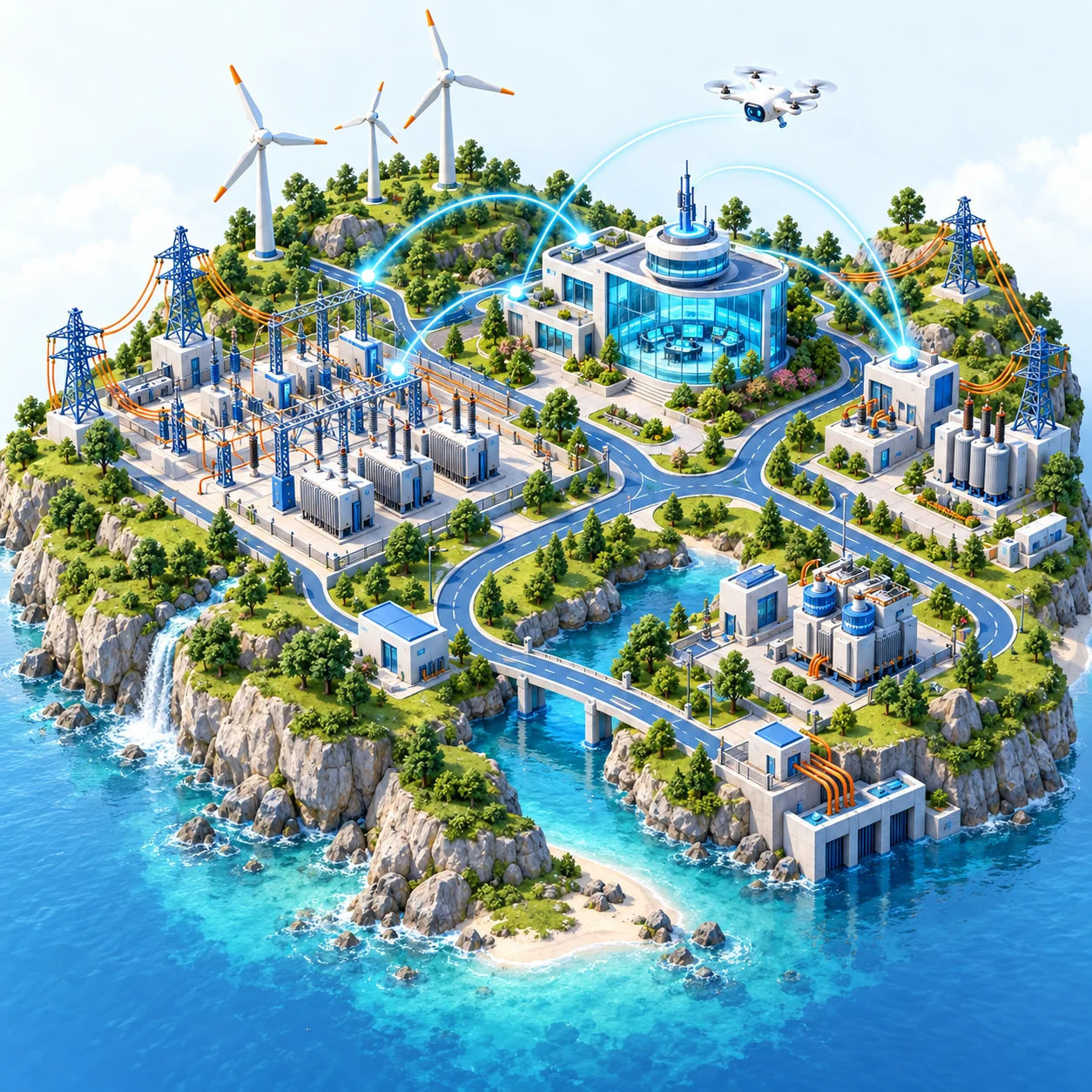 Colorful game-world illustration of connected electrical infrastructure, control systems, and clean-energy facilities